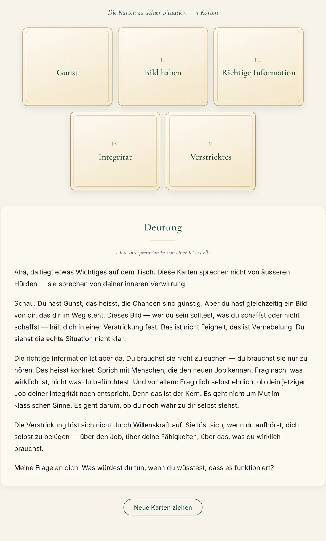 Vollständige Lesung mit fünf Karten und ausgeschriebener Deutung